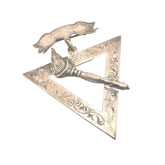 Vintage Silver Masonic Jewel Pin Brooch With Engraved Triangle and Torch  Emblem - Picture 2 of 10